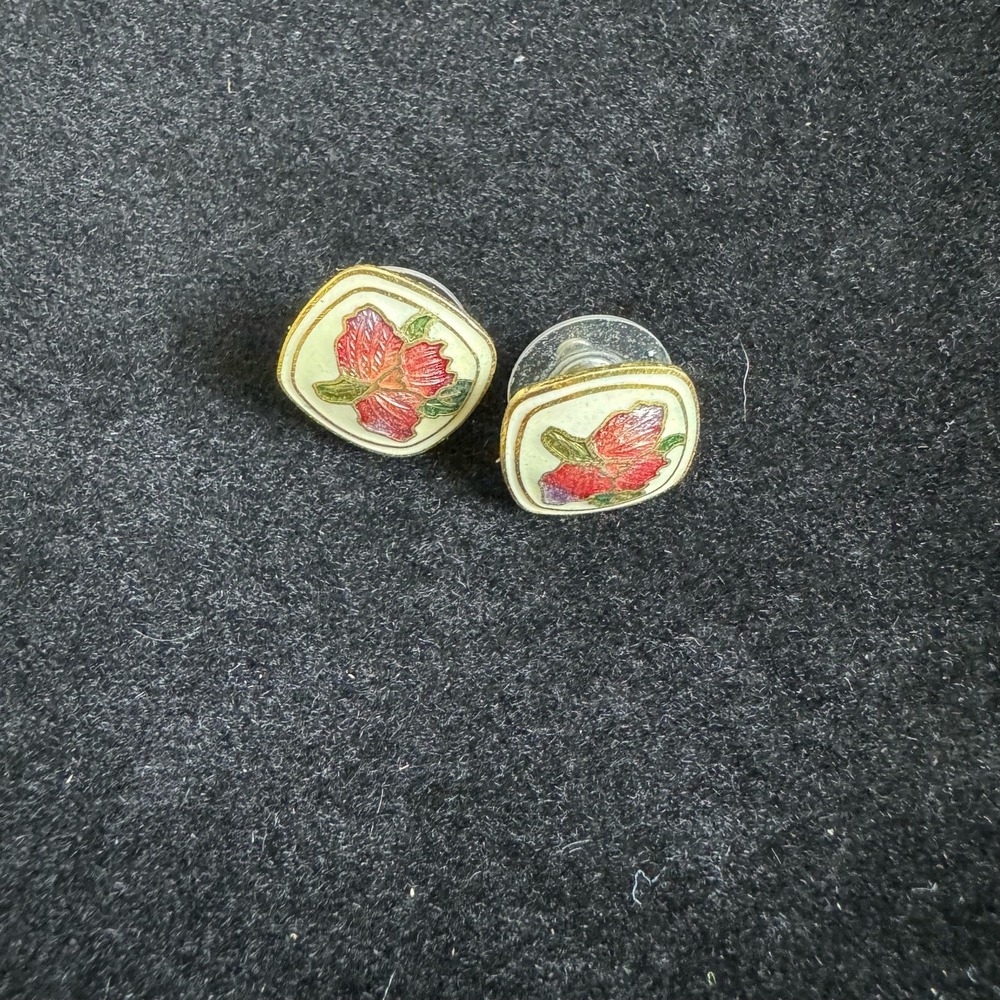 Vintage Gold‎ Pink Floral Flower Enamel Square Stud Earrings for Pierced Ears